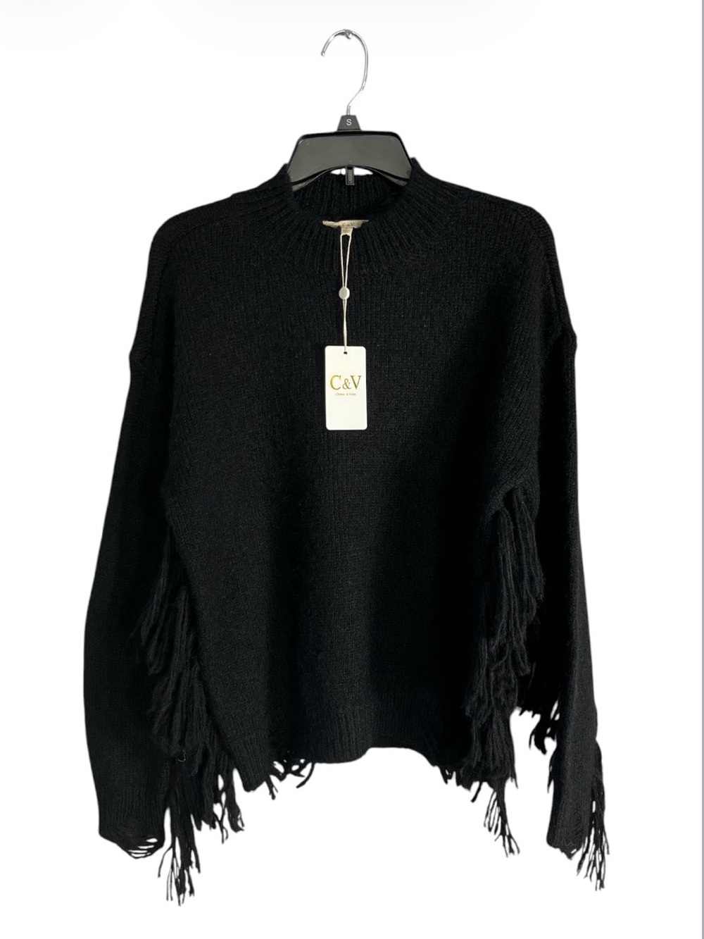 NWT Chelsea and Violet CV Black Fringe Distressed Grunge Sweater Size S MSRP 49